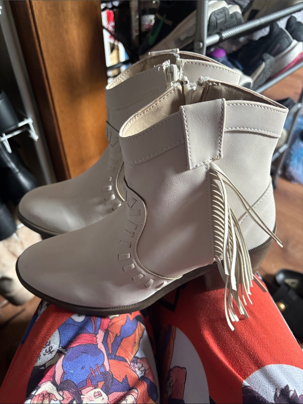 Cream Fringe Ankle Booties with Block Heel